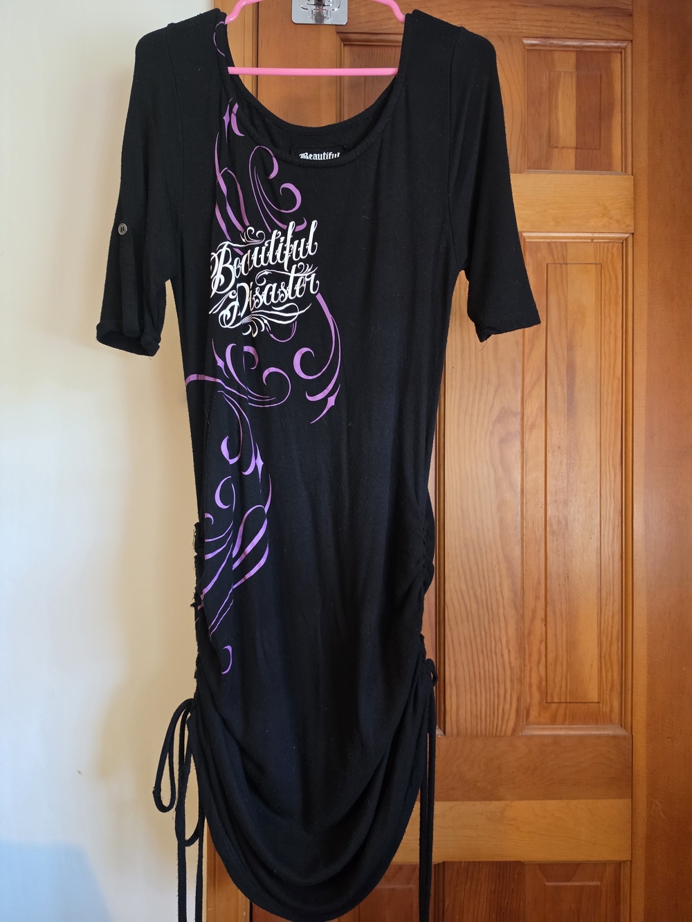 Beautiful Disaster Black Dress with Purple Graphic Swirls